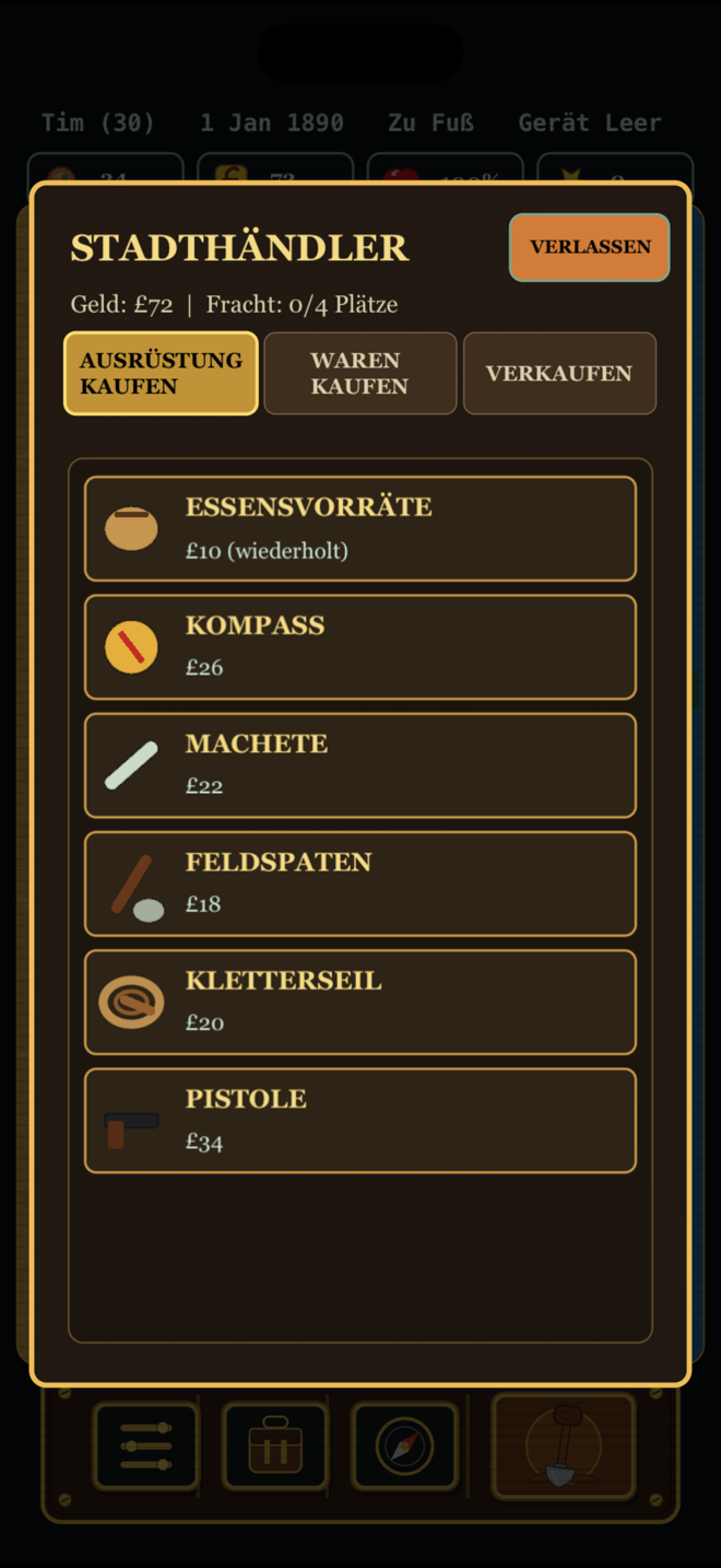 Der Stadthändler-Bildschirm mit Essensvorräten, Kompass, Machete, Feldspaten, Kletterseil und Pistole samt Preisen in Pfund.