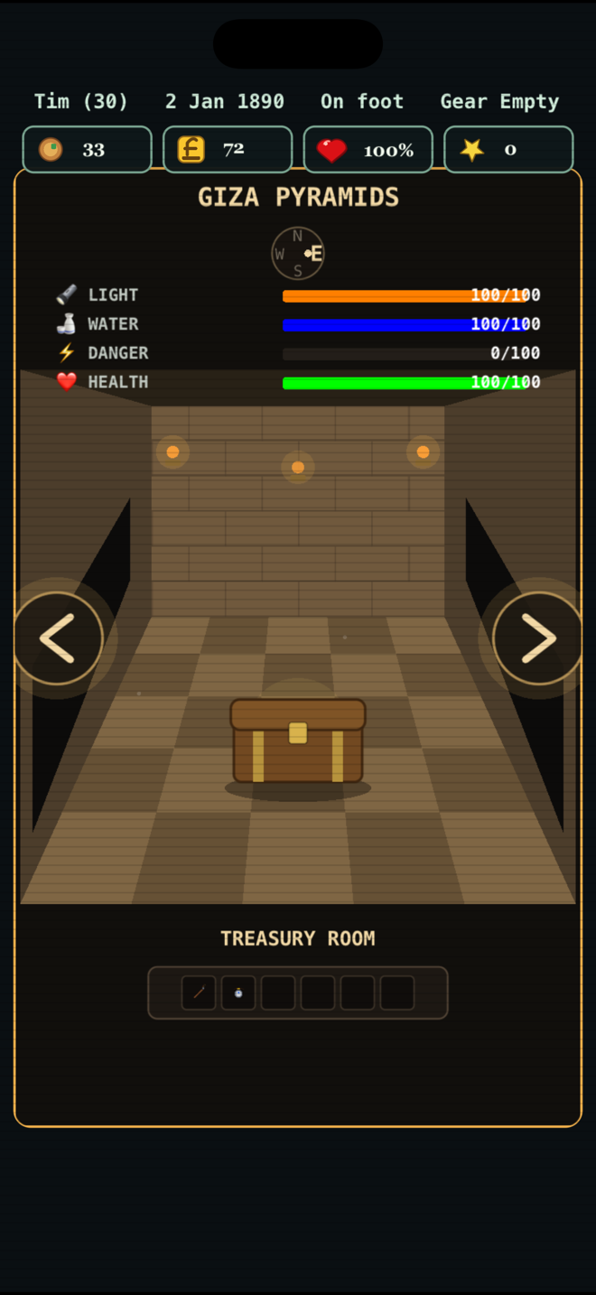 Inside a pyramid treasury room: a chest sits in lamplight while light, water, danger and health meters run along the top.